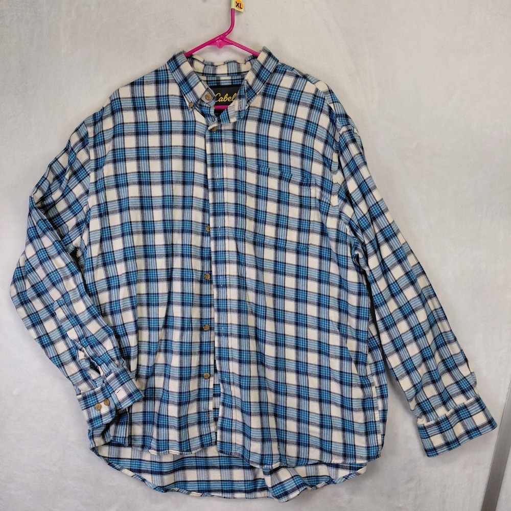 Cabelas Mens XL Regular Blue White Plaid Long Sleeve Button Down Shirt Pocket